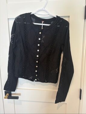 Free People Black Lace Button-Up Long Sleeve Top